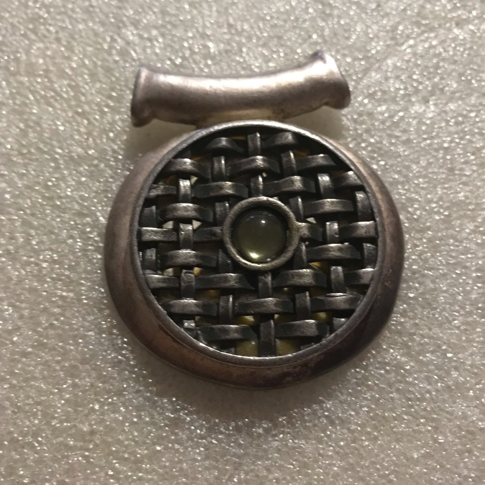 Round Woven Pattern Silver Pendant with Green Accent